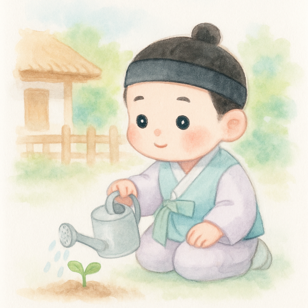 소년이 마당에 박씨를 심고 돌보는 장면